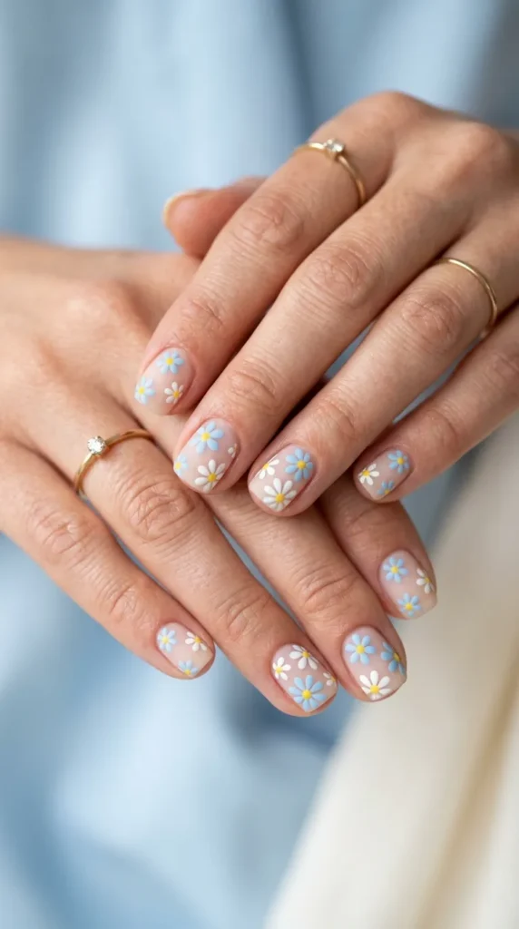Blue Daisy Nail Design