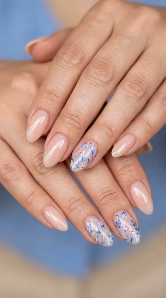 Blue Floral Accent Nails