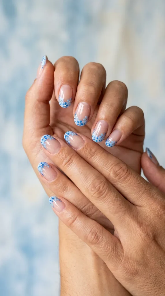 Blue floral French tips