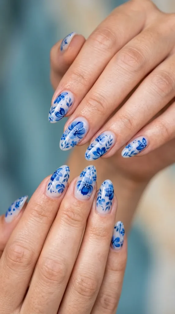 Blue Floral Gel Nails