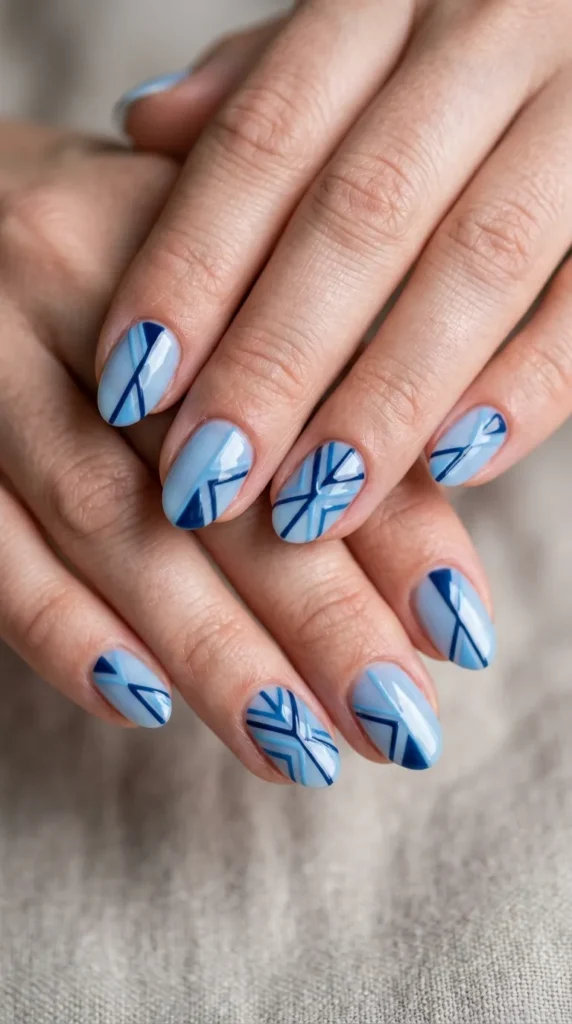 Blue Geometric Line Nails