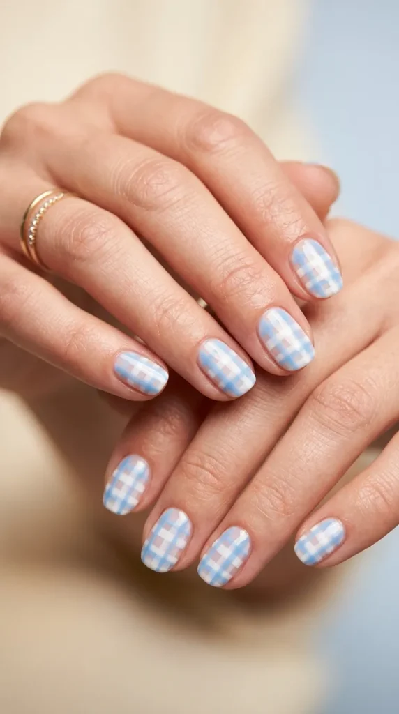 Blue Gingham Check Nails