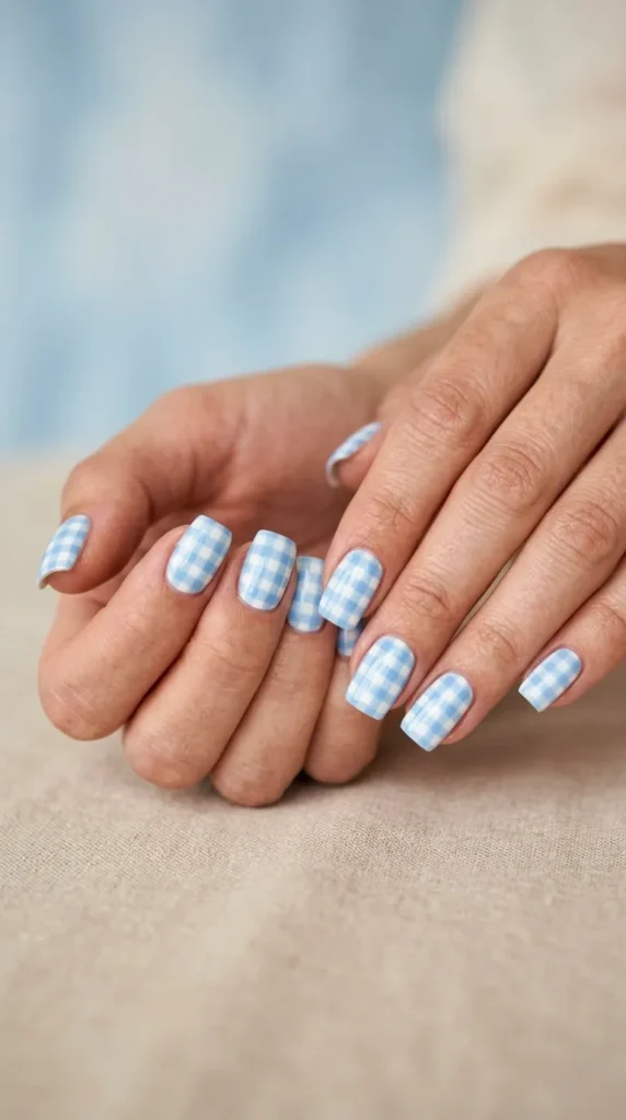 Blue gingham summer nails