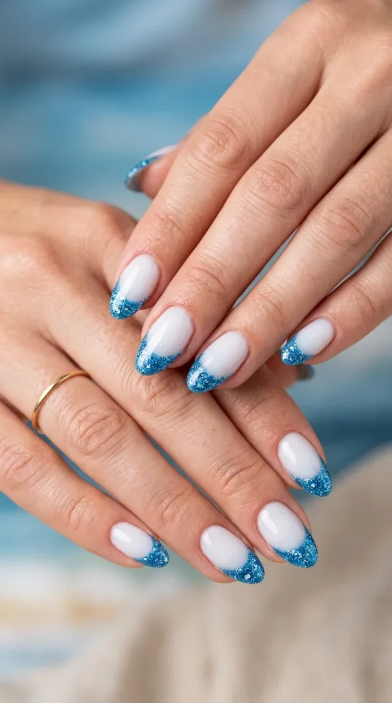 Blue glitter French manicure