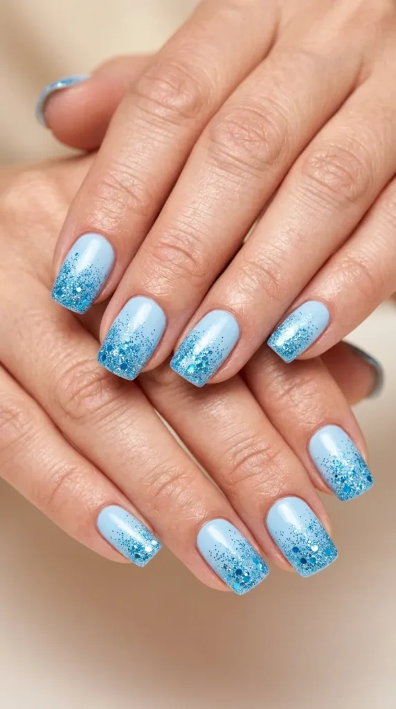 Blue Glitter Gradient Nails