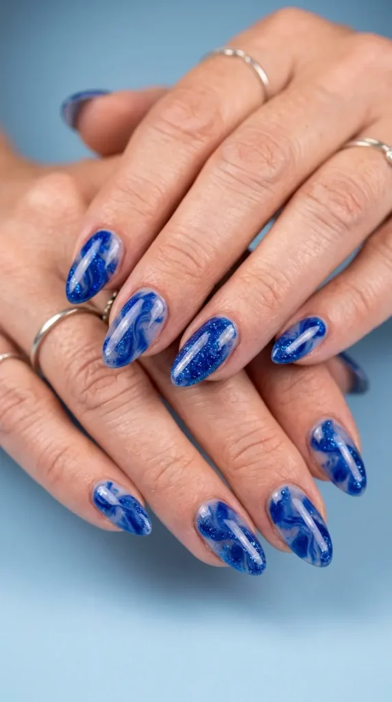 Blue Glitter Marble Nails