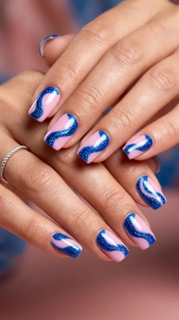 Blue Glitter Wave Nails