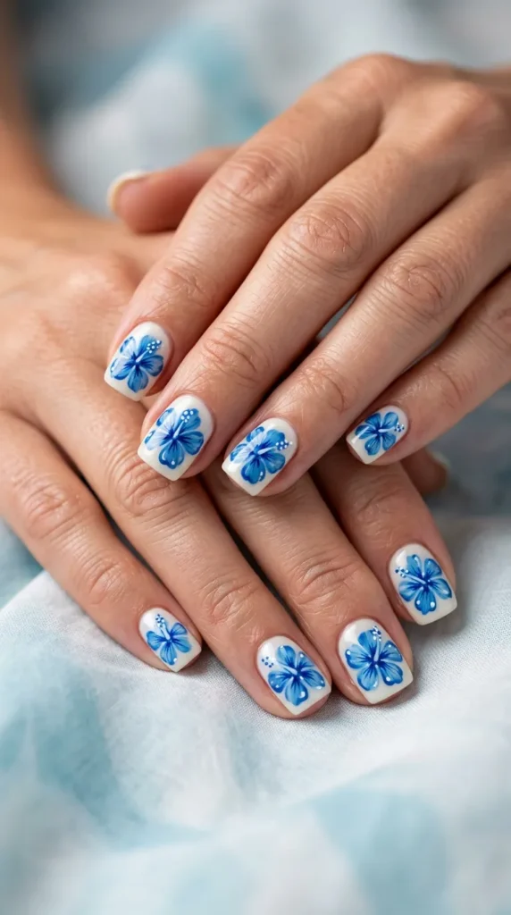 Blue hibiscus floral nails