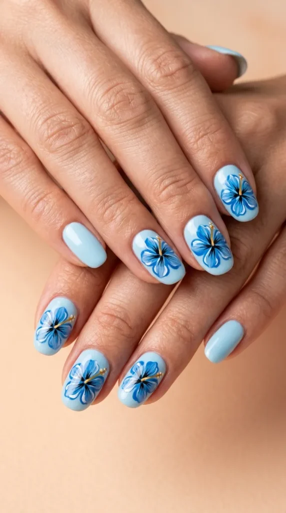 Blue Hibiscus Flower Nails