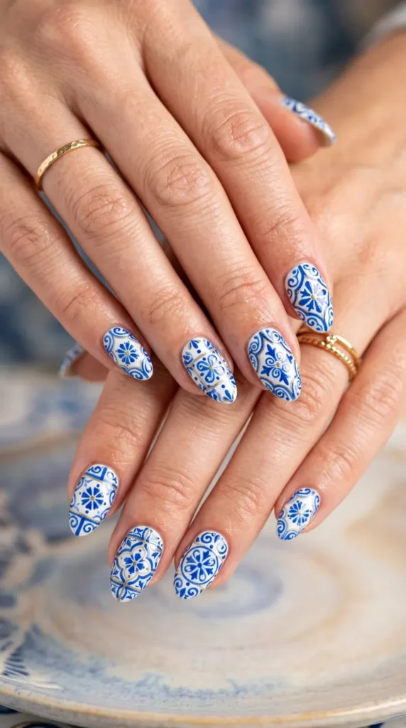 Blue mosaic tile nails