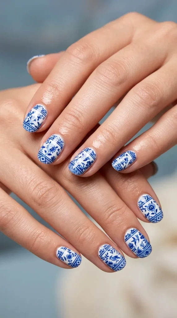 Blue porcelain inspired nails