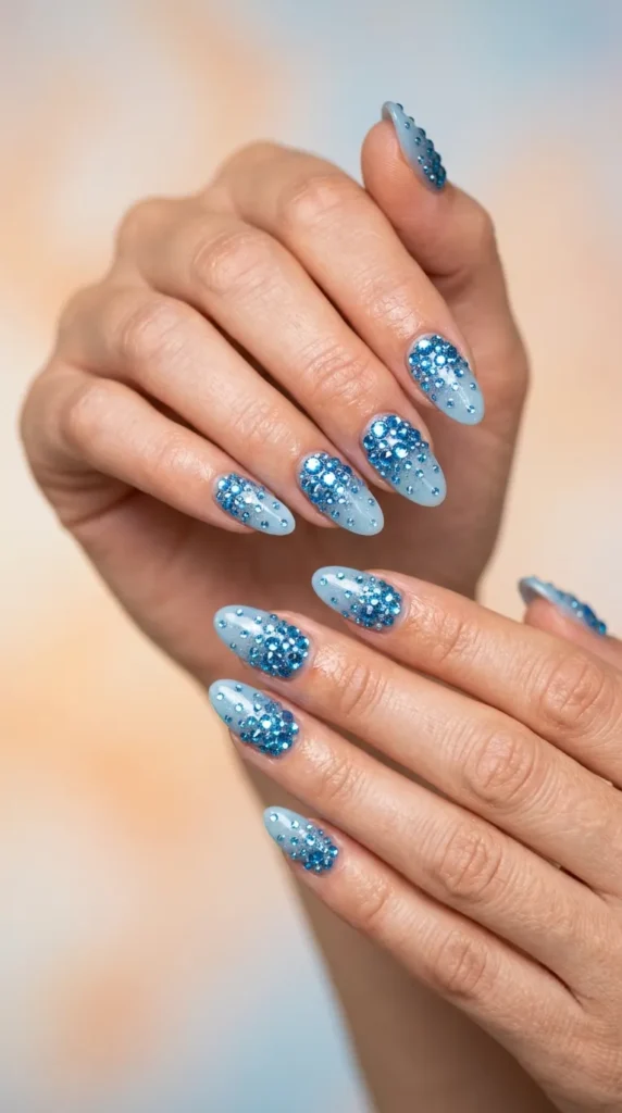 Blue Rhinestone Glam Nails