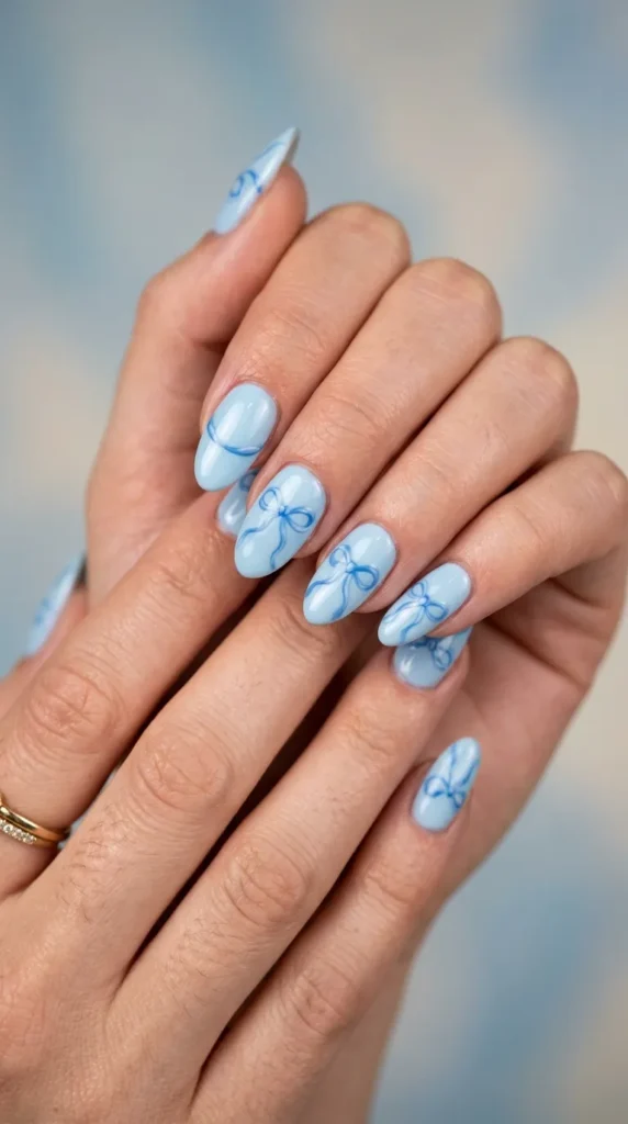Blue Ribbon Bow Nails