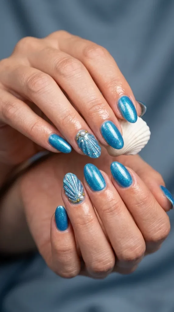 Blue Seashell Accent Nails