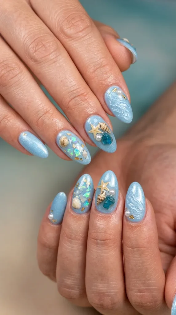 Blue Seashell Beach Nails