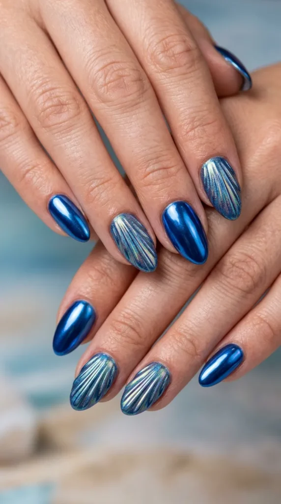 Blue Seashell Chrome Nails
