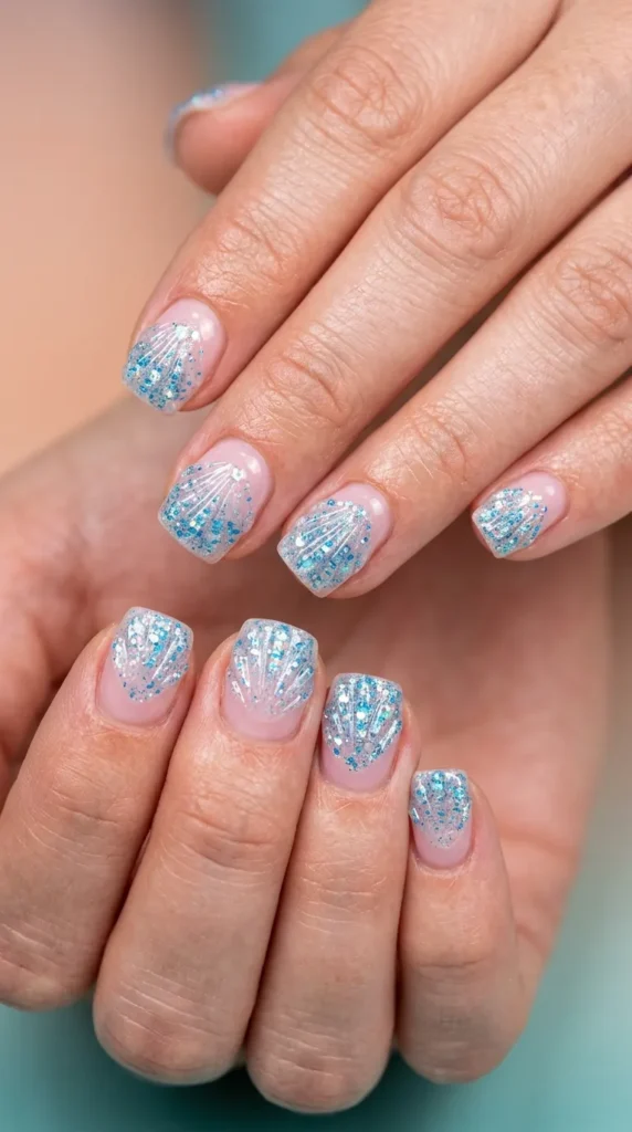 Blue Seashell Glitter Nails