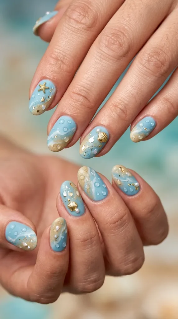 Blue Seaside Shell Nails