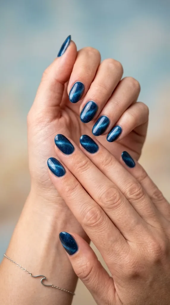 blue shimmer cat-eye nails