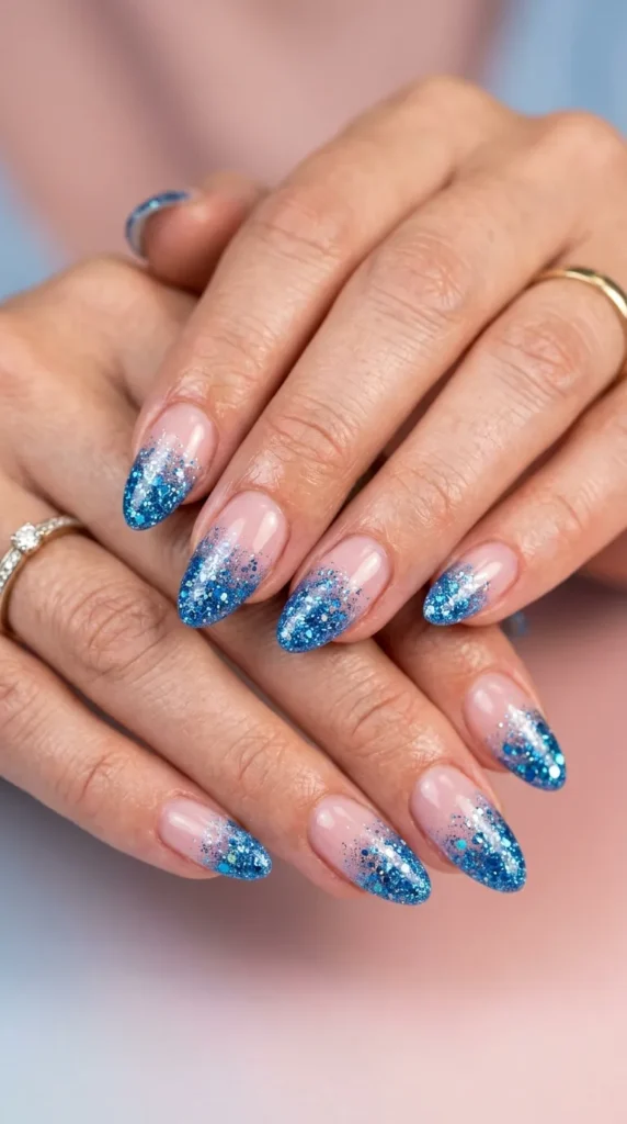 Blue Sparkle French Nails