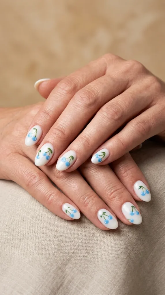 Blue Tiny Cherry Nails