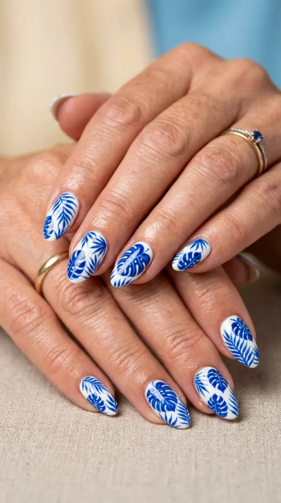 Blue Tropical Leaf Nails