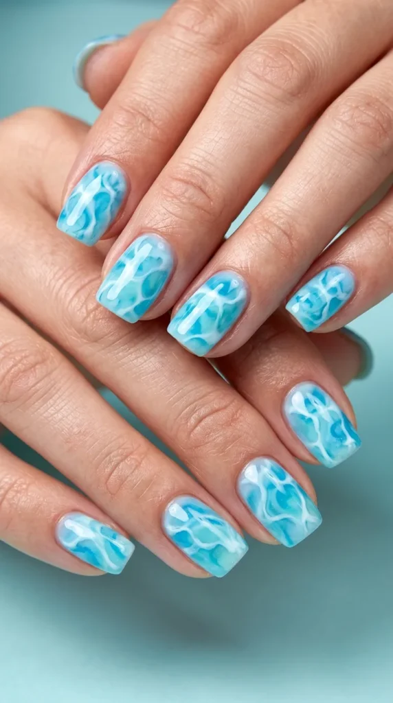 Blue Water Ripple Nails