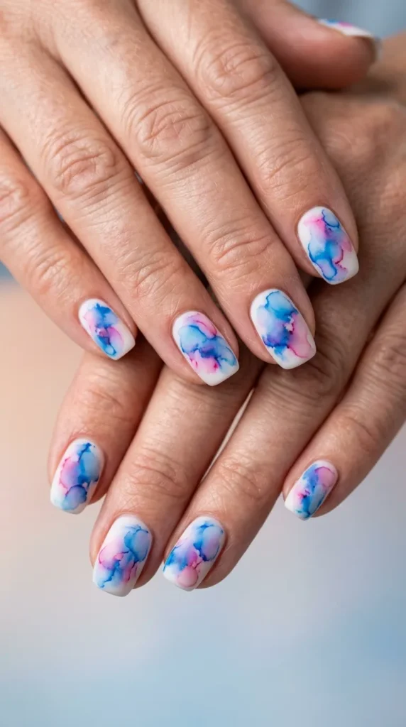 Blue Watercolor Bloom Nails