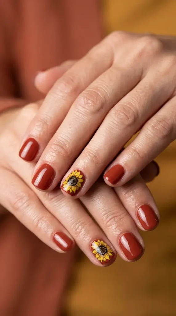 Brick Red Short Sunflower Nails