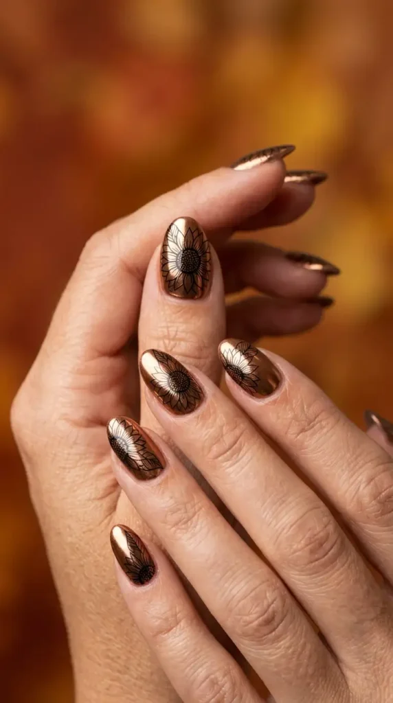 Bronze Chrome Acrylic Nails with Sunflower Outline