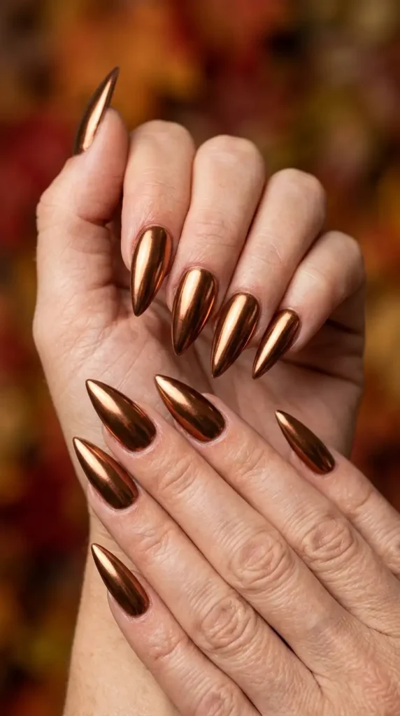 Bronze Chrome Long Stiletto Nails