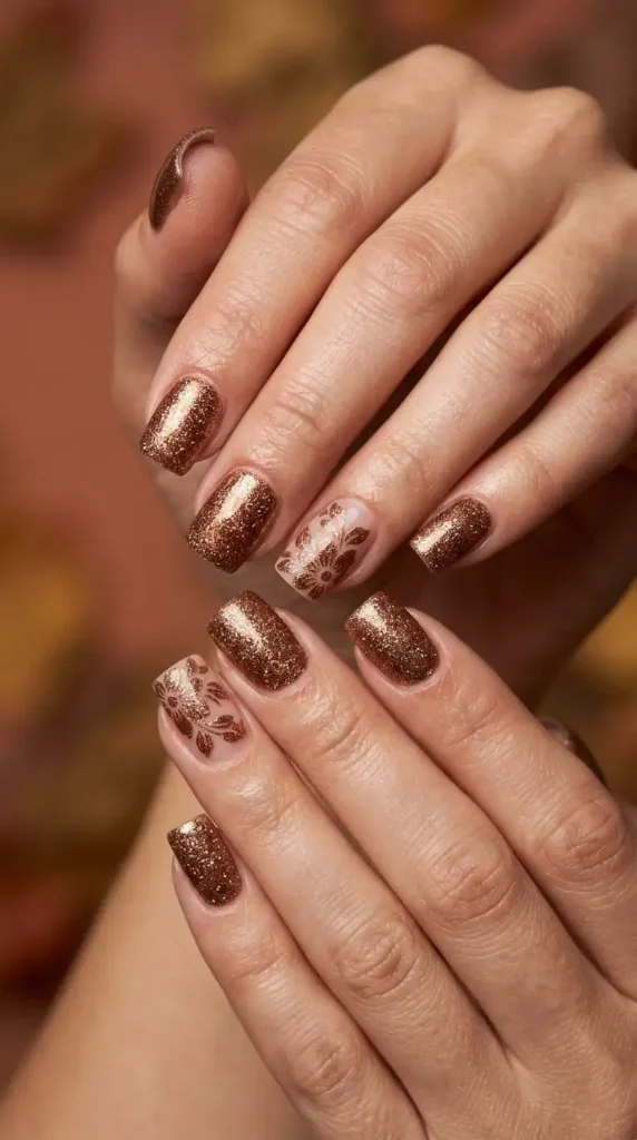 Bronze Glitter Floral Accent Nails