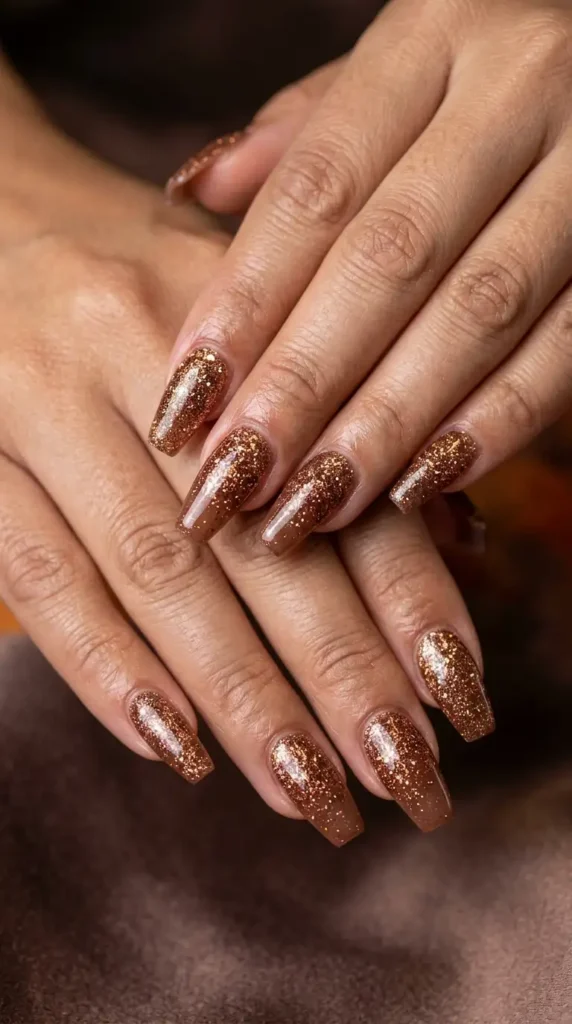 Bronze Glitter Gradient Coffin Nails