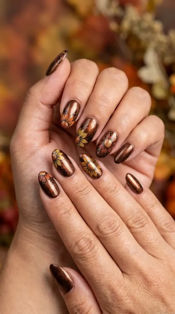 Bronze Shimmer Flower Nails