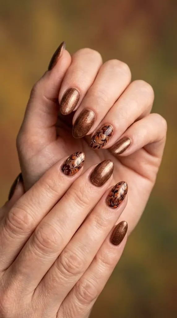 Bronze Shimmer Nails with Autumn Floral Patterns