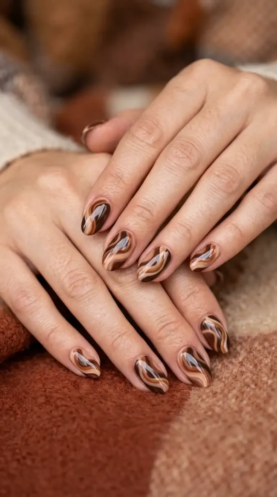 Brown Abstract Swirl Nails