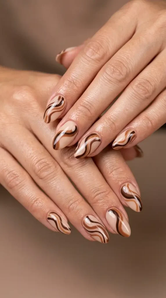 Brown Abstract Waves Nails