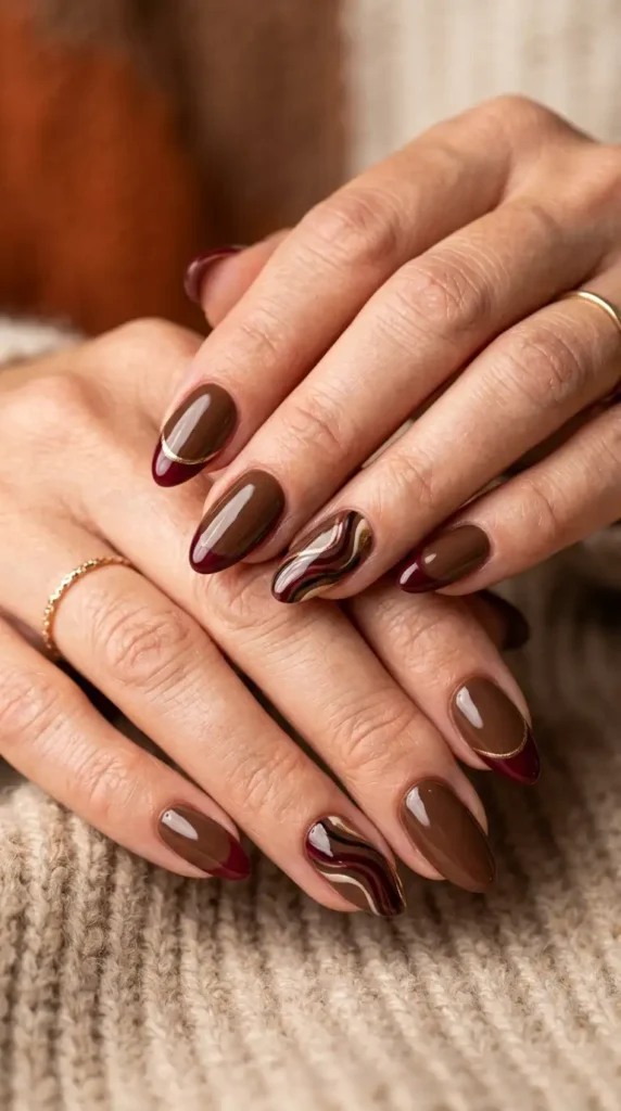 Brown and Burgundy Combination Nails