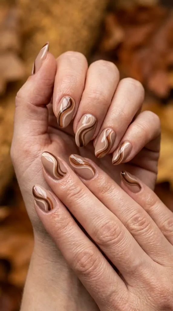 Brown and Nude Swirl Nails