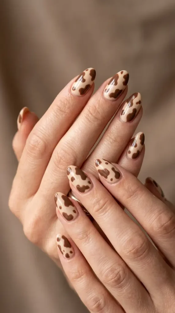 Brown & Beige Cow Print Nails