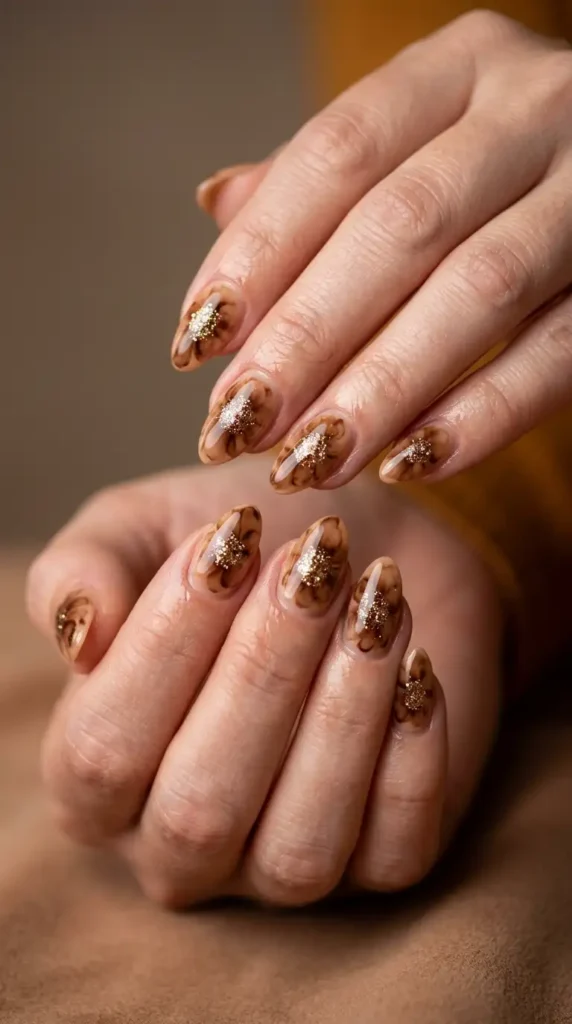 Brown Blooming Gel Floral Glitter Nails