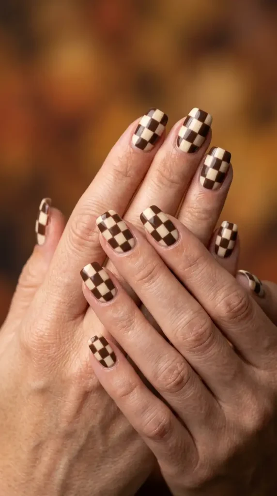 Brown Checkerboard Nail Art