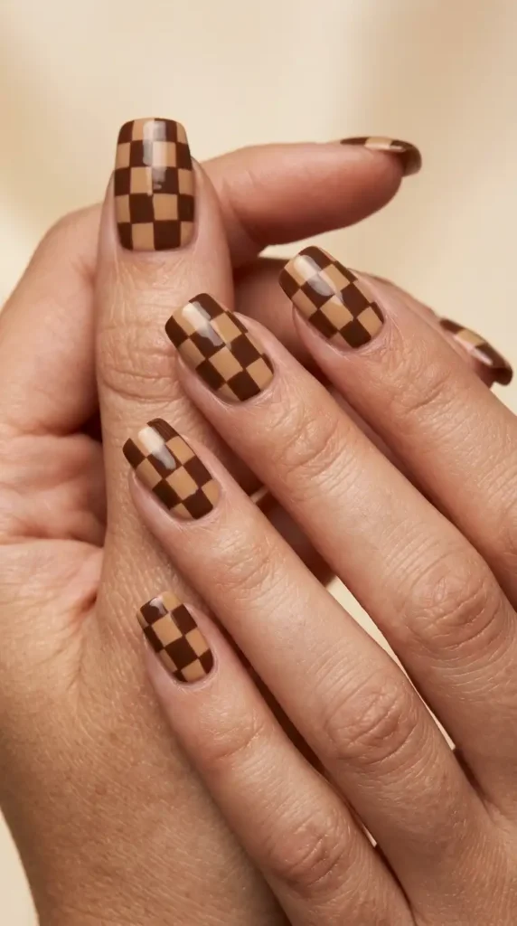 Brown Checkerboard Nails