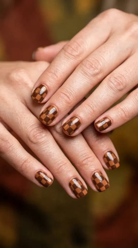 Brown Checkered Pattern Nails