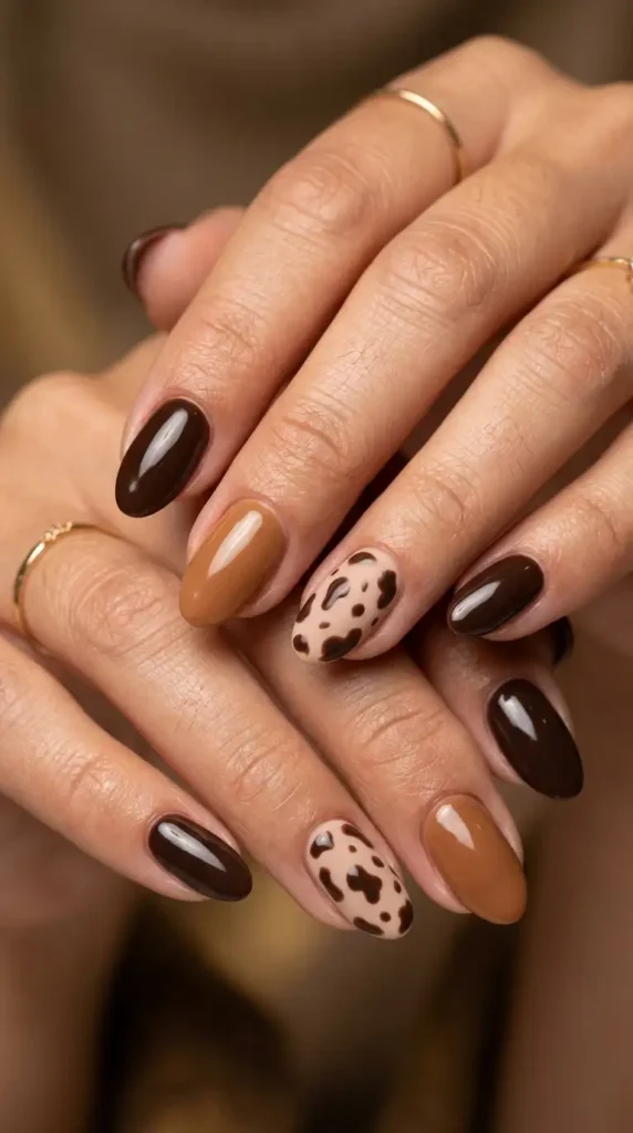Brown Cow Print Accent Nails