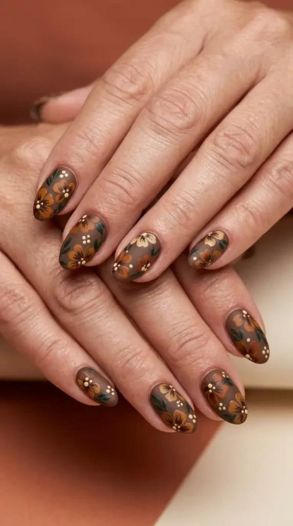 Brown Floral Fall Nail Art