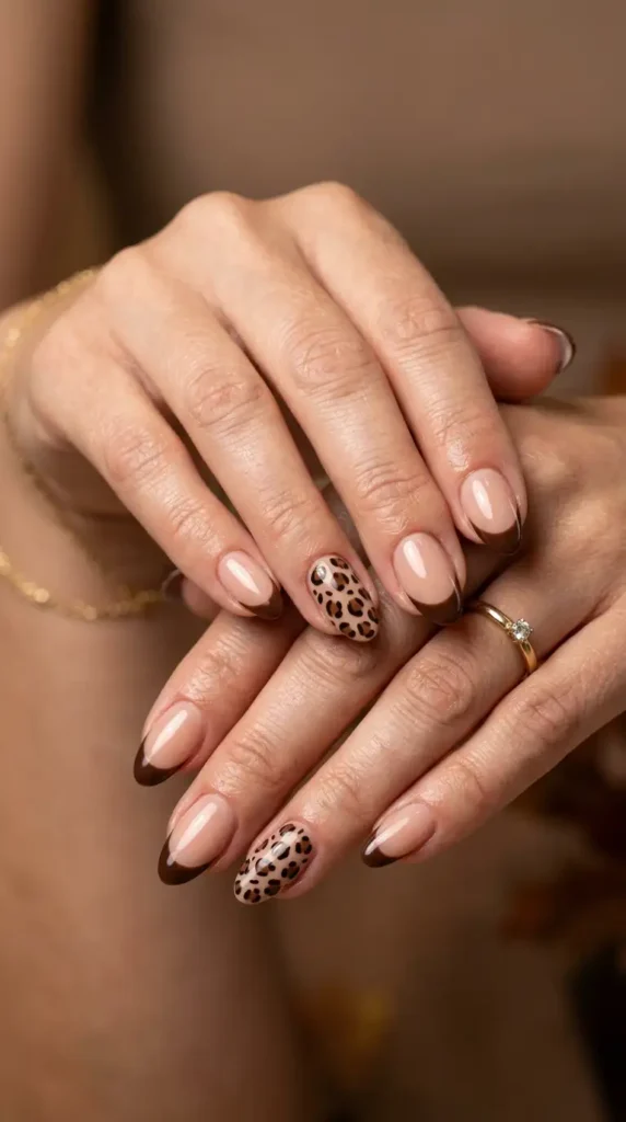 Brown French Tips with Animal Print Accent
