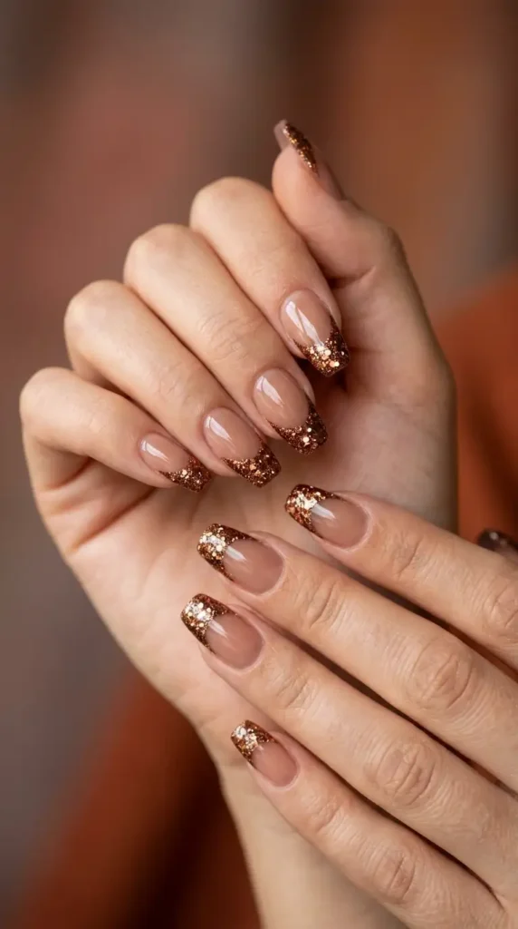Brown French Tips with Chunky Bronze Glitter
