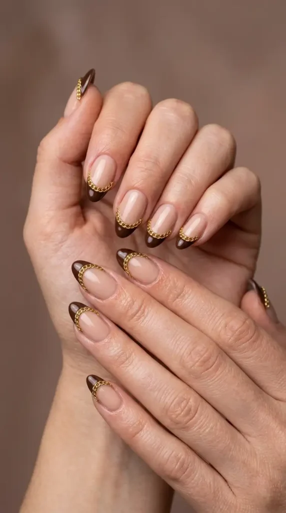 Brown French Tips with Gold Chain Nail Art