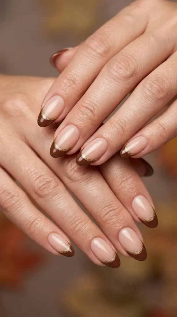 Brown French Tips with Gold Outline